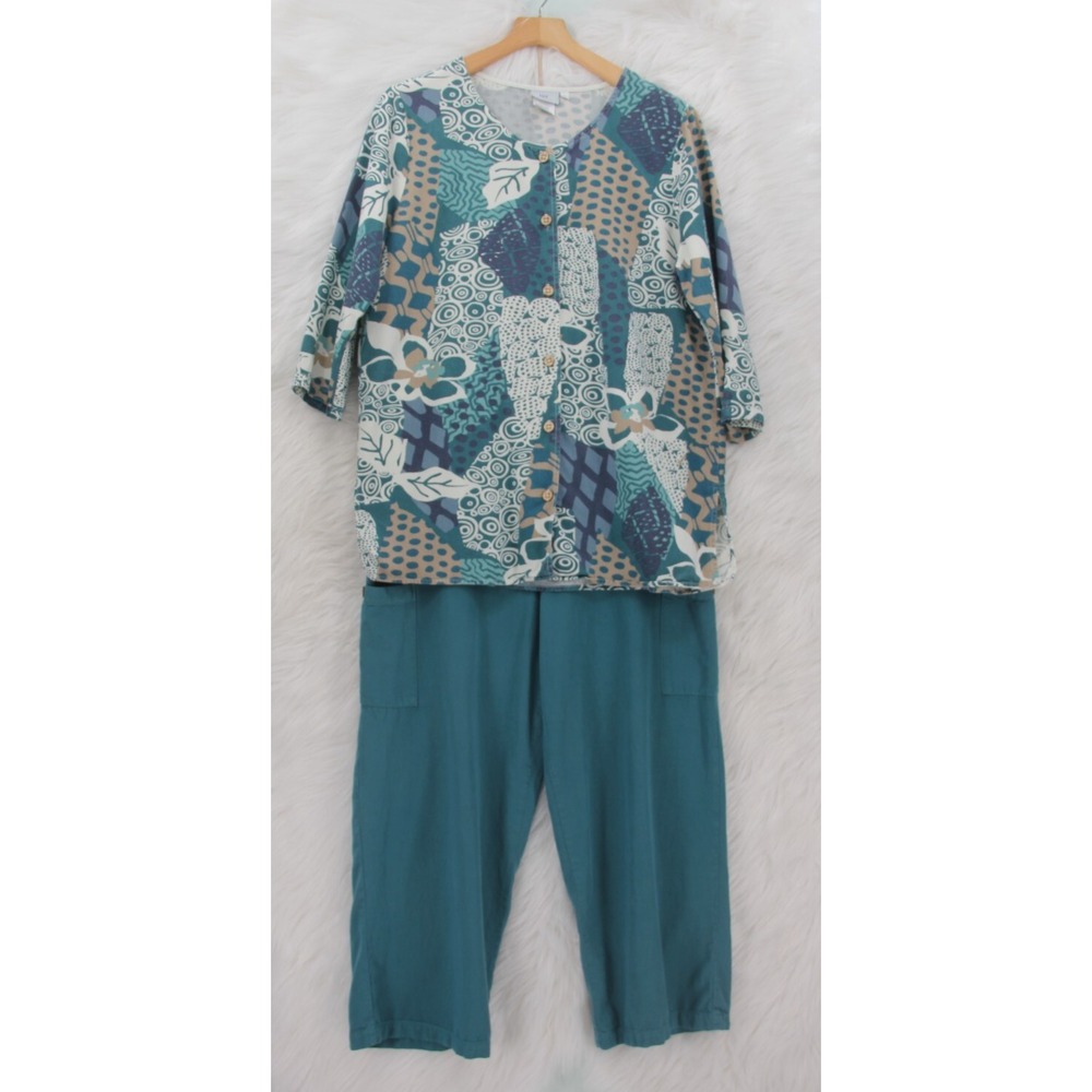 Hot Cotton Pant Set Womens  L Blue Abstract Button Cotton Top Pants USA #1366
